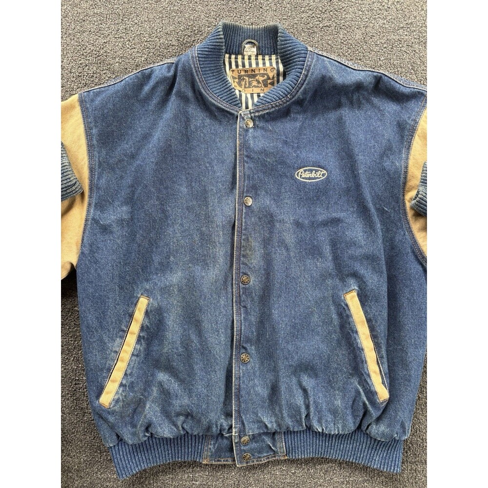 Vintage 90s Denim Bomber Jacket Mens Size XL Snaps Embroidered Peterbilt STAINED - Picture 5 of 9